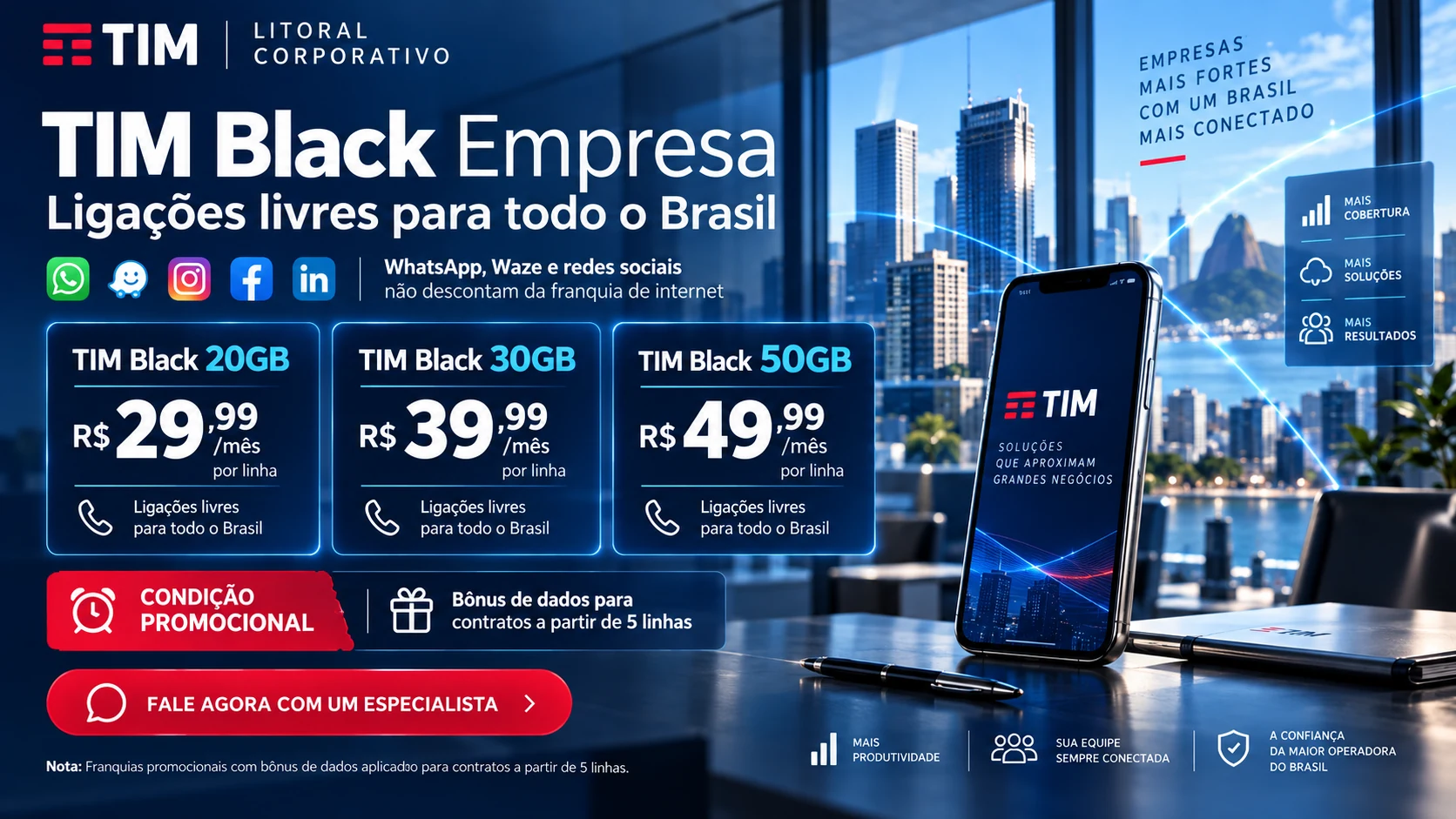 TIM Black Empresa — ligações livres para todo o Brasil, planos 20GB, 30GB e 50GB